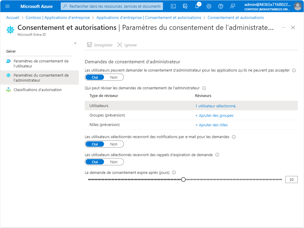 consentement et autorisation depuis le portail Azure